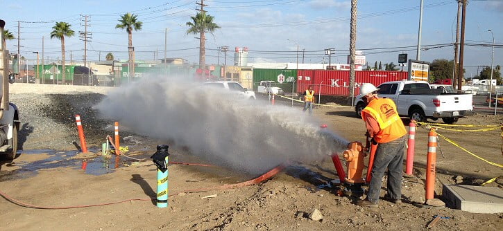 water line specialist testing a fire hydrant during the day with palm trees and power lines in the distance