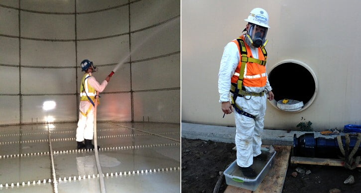 man spraying disinfectant inside of a water tank and another man outside of water tank standing in a bucket