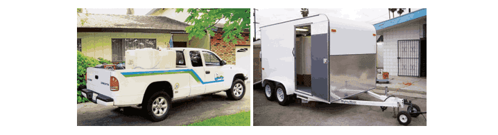 white truck with portable chlorination system in bed and portable chlorination system on back of white trailer